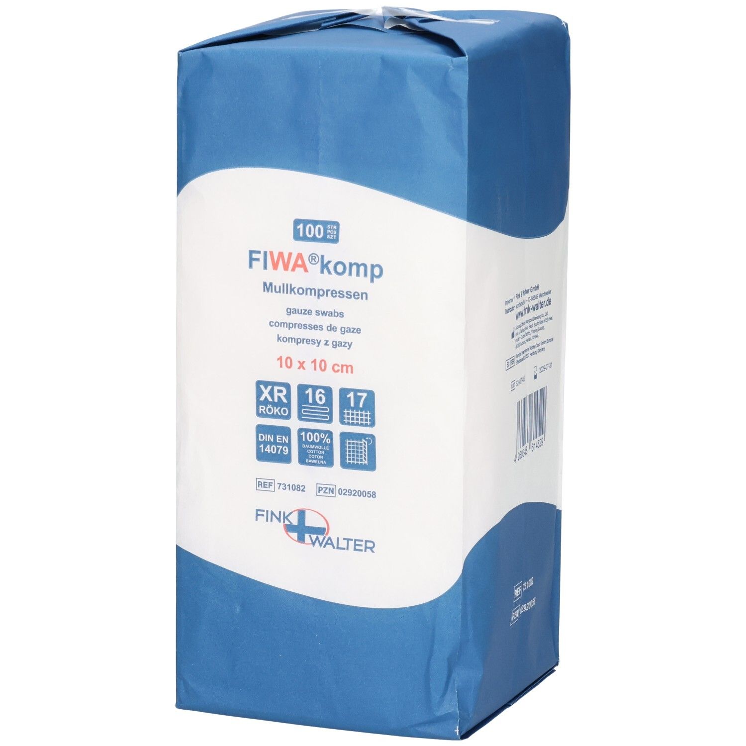 Vorderseite der Verpackung: FIWA-komp Mullkompressen, 10x10 cm, 100 Stück. Mit Produktmerkmalen und Zertifizierungen.