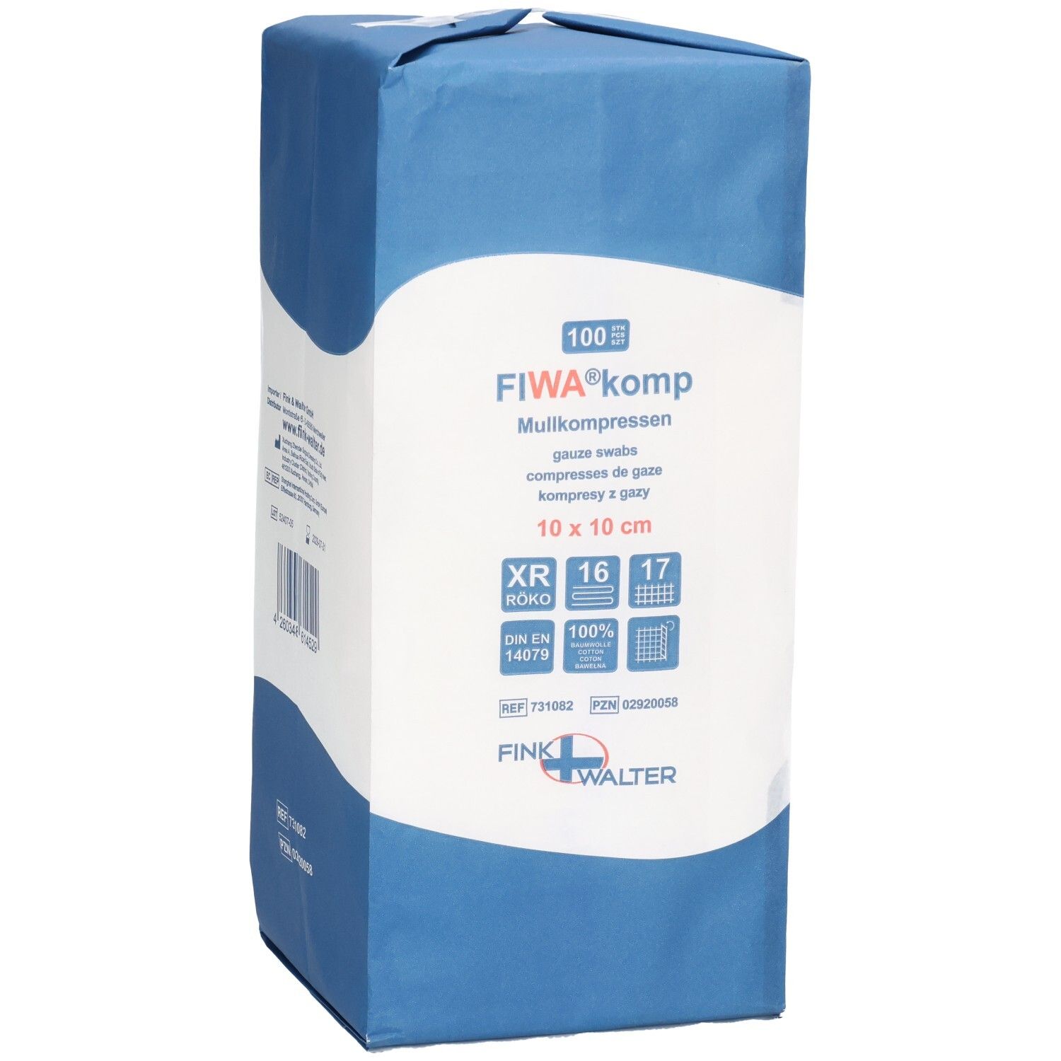 Verpackung von FIWA-komp Mullkompressen, 10x10 cm, 100 Stück. Zeigt die Marke Fink & Walter und Produktinformationen.