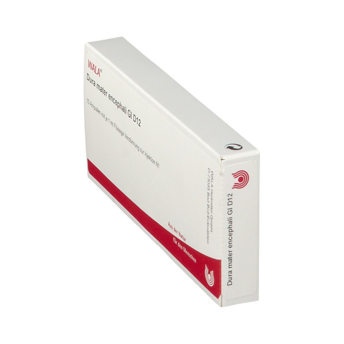 Schachtel, schräg von oben. Aufdruck: WALA Dura mater encephali Gl D12. Rote Banderole.