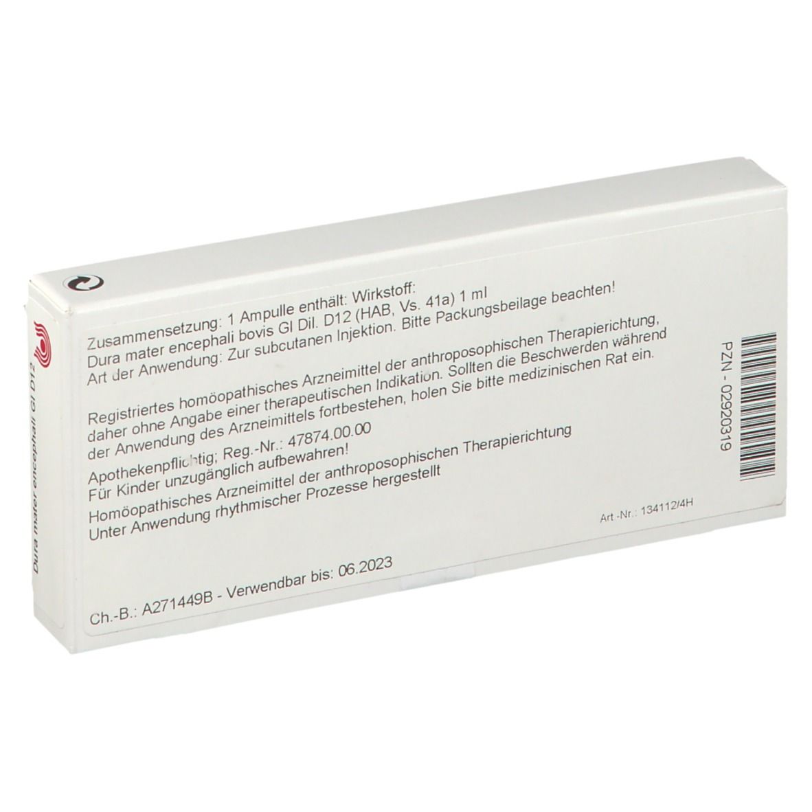 Rückseite der Schachtel. Text: Zusammensetzung, Anwendung, Hersteller. Haltbarkeit bis 06.2023.
