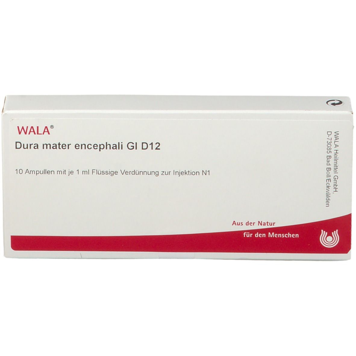 Weiße Schachtel mit roter Banderole. Aufdruck: WALA Dura mater encephali Gl D12. 10 Ampullen.