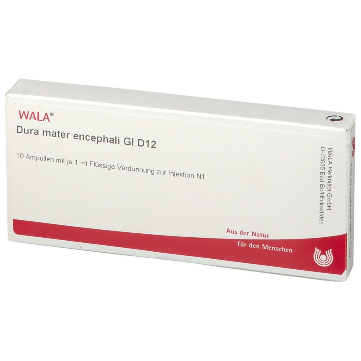 Weiße Schachtel mit roter Banderole. Aufdruck: WALA Dura mater encephali Gl D12. 10 Ampullen.