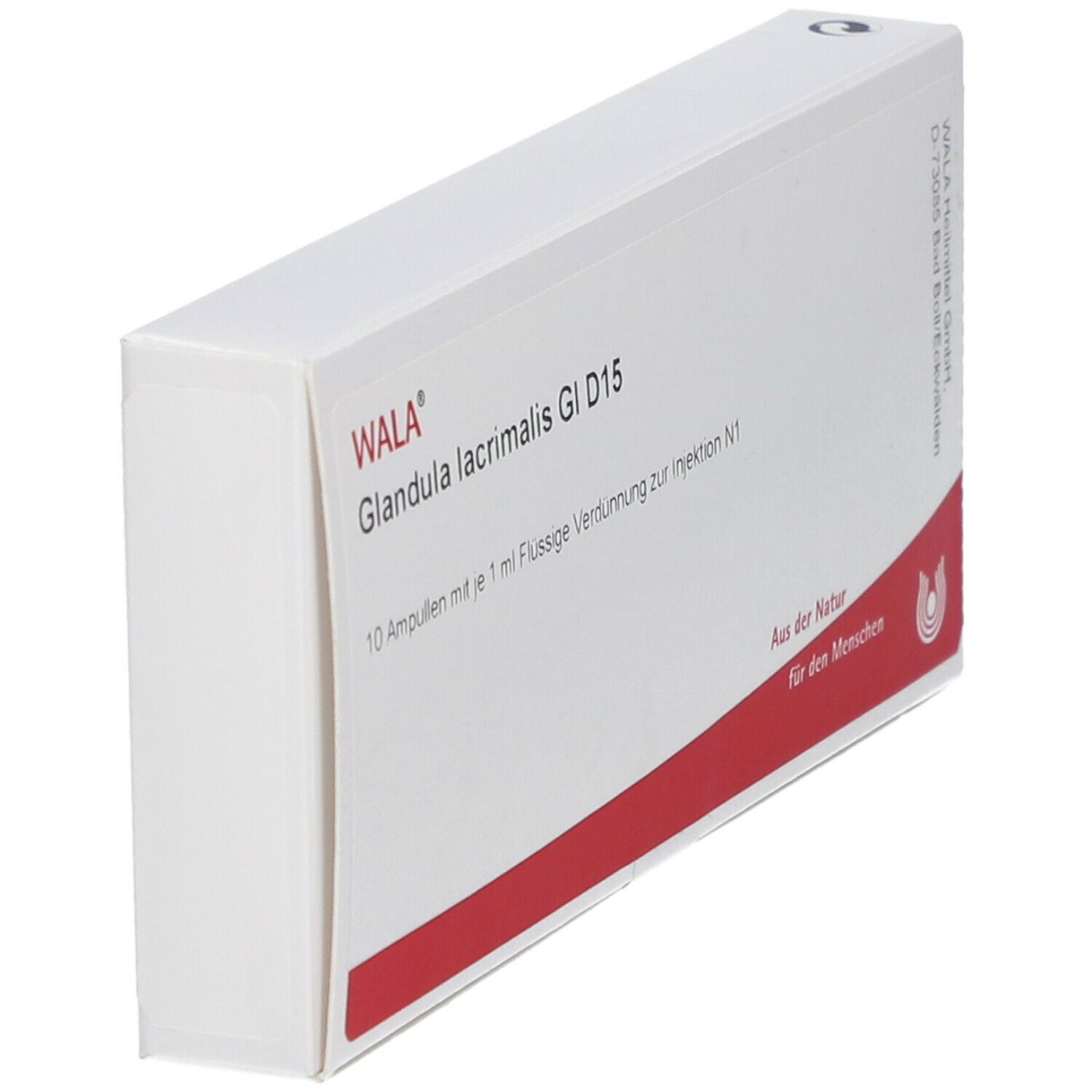 Weiße Faltschachtel mit roter Linie. Beschriftung: WALA Glandula lacrimalis Gl D15. 10 Ampullen. Aus der Natur. Für den Menschen.