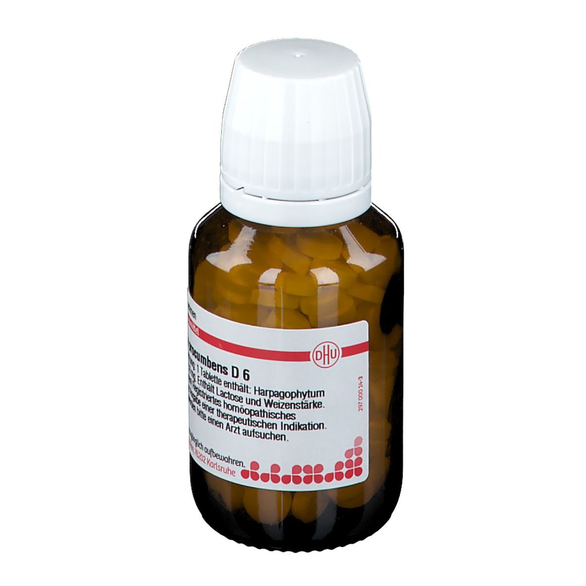 Braune Glasflasche mit weißem Deckel, gefüllt mit Tabletten. Etikett mit Produktinformationen.
