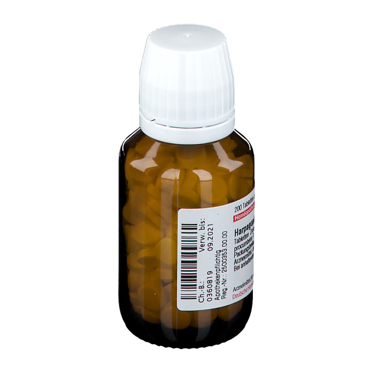 Braune Glasflasche mit weißem Deckel, gefüllt mit Tabletten. Etikett mit Produktinformationen.