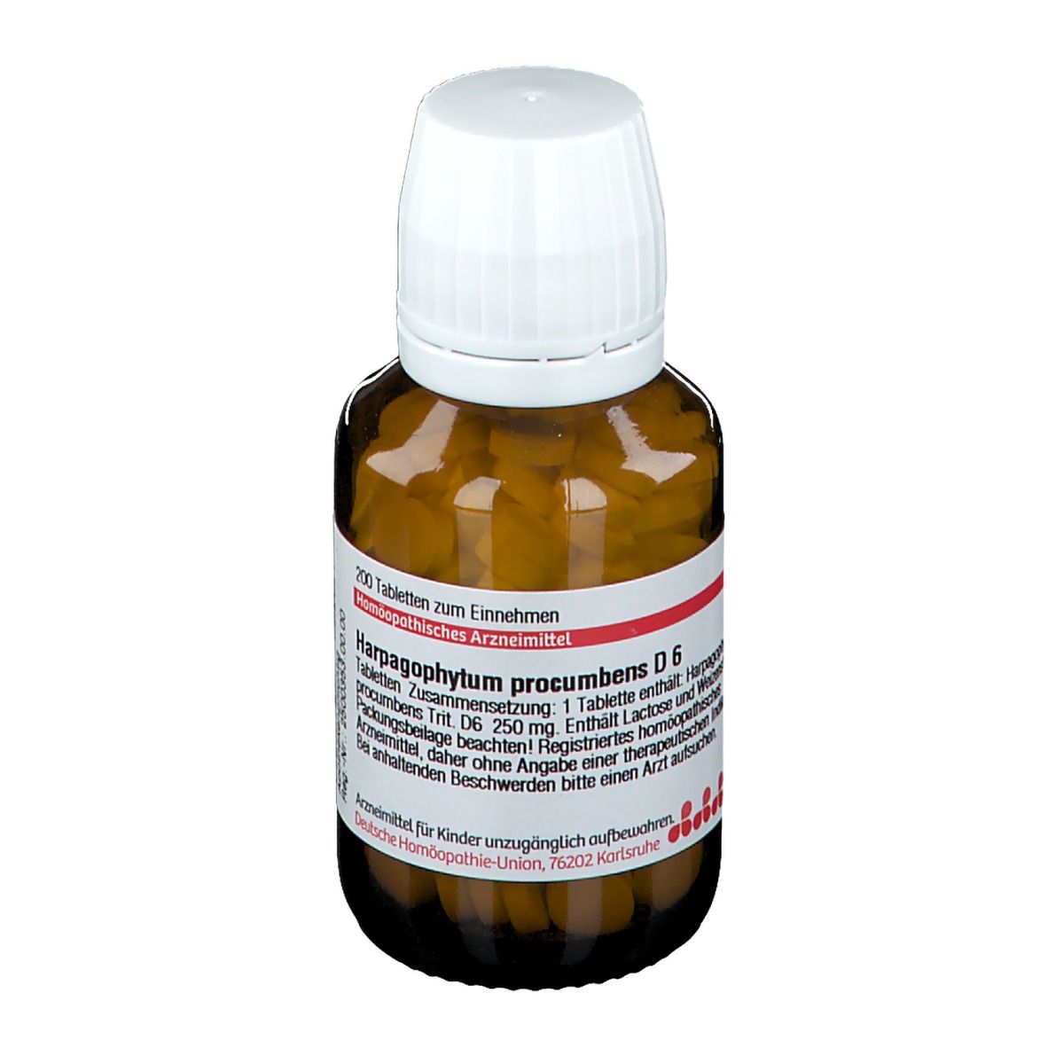 Braune Glasflasche mit weißem Deckel, gefüllt mit Tabletten. Etikett mit Produktinformationen.