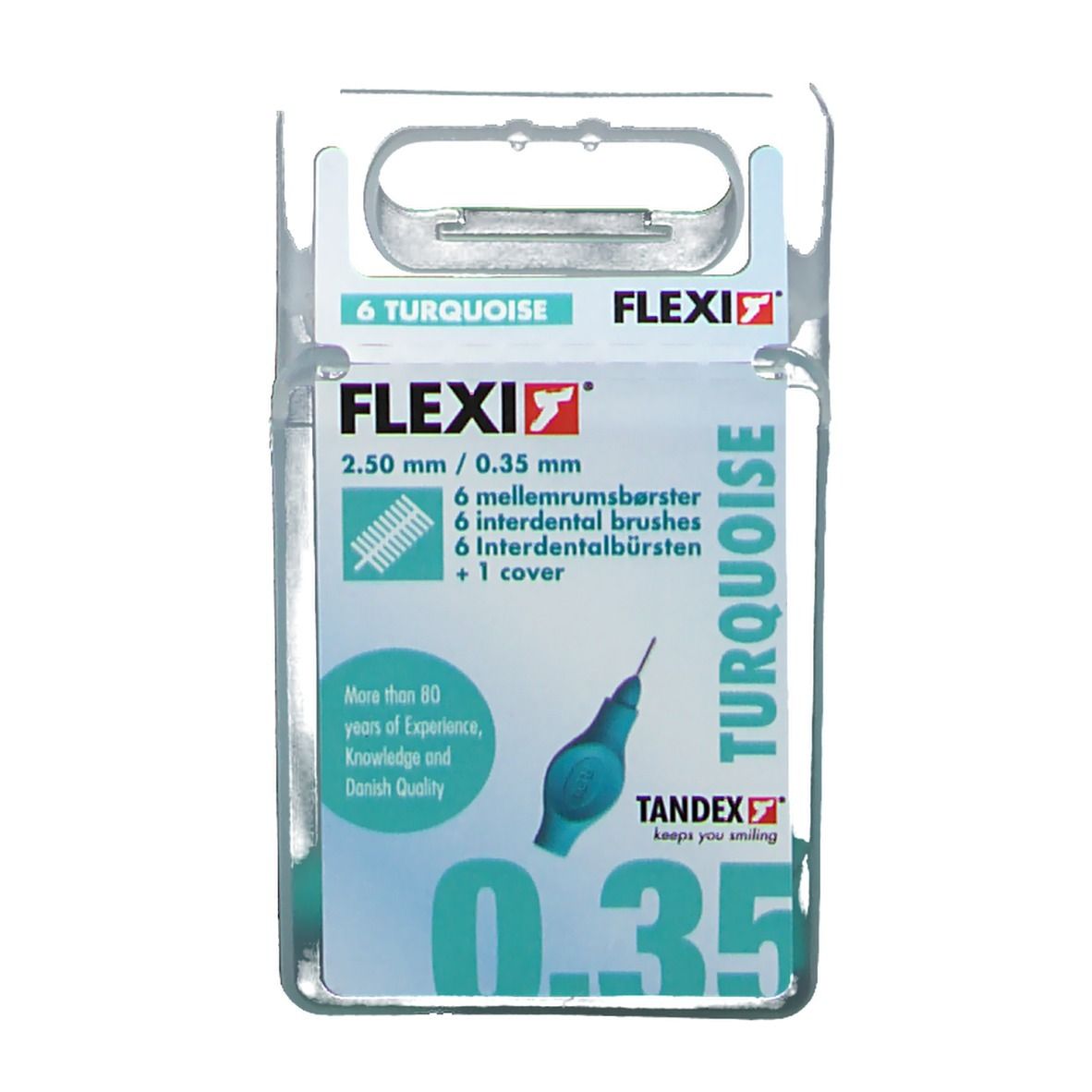 Packung mit 6 türkisfarbenen FLEXI Interdentalbürsten. 0,35 mm. In transparentem Kunststoffbehälter mit Griff.