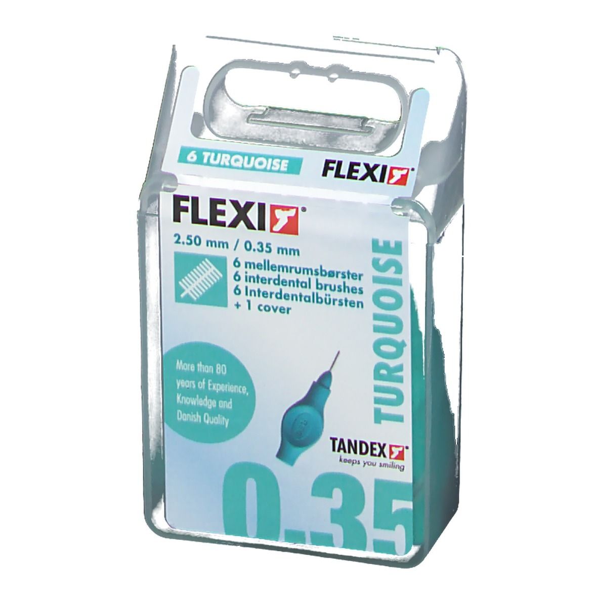 Packung mit 6 türkisfarbenen FLEXI Interdentalbürsten. 0,35 mm. In transparentem Kunststoffbehälter mit Griff.