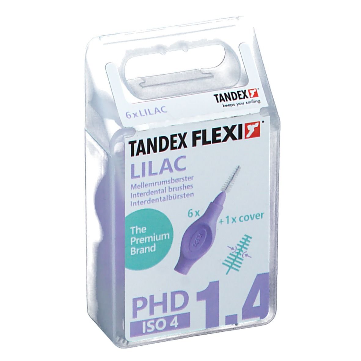 Verpackung mit lila Interdentalbürsten. Sechs Bürsten und eine Abdeckung. Marke Tandex Flexi, PHD 1.4, ISO 4.