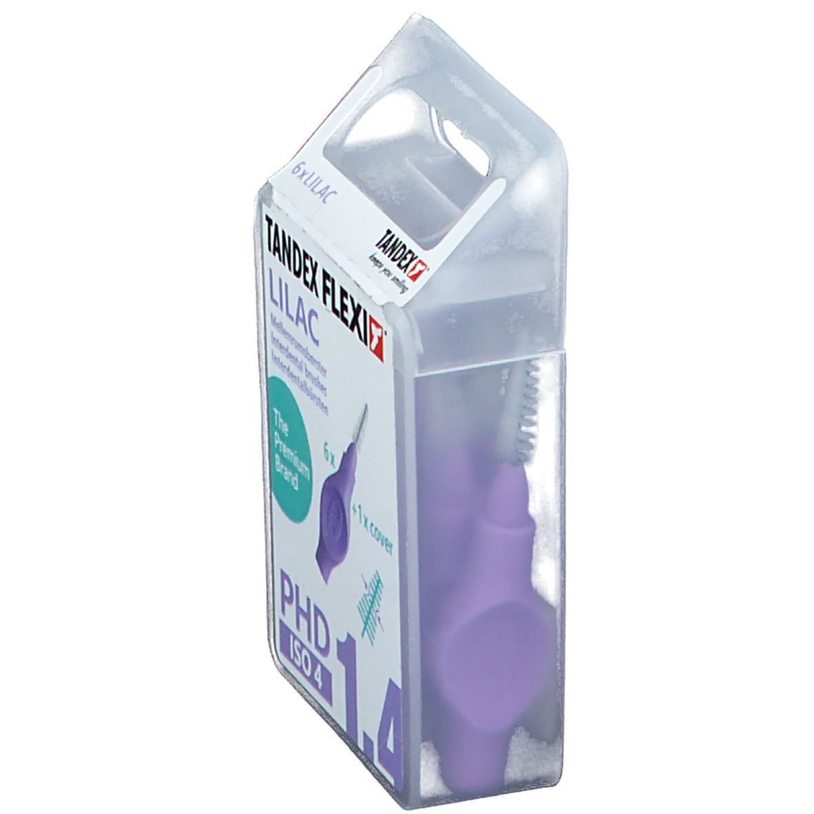 Verpackung mit lila Interdentalbürsten. Sechs Bürsten und eine Abdeckung. Marke Tandex Flexi, PHD 1.4, ISO 4.
