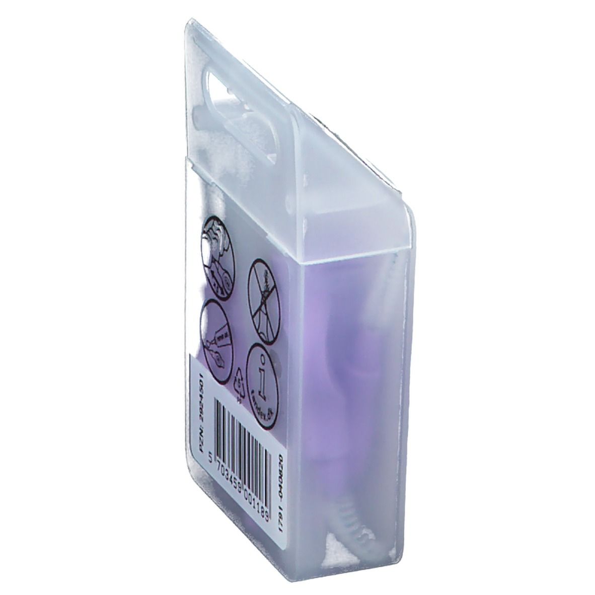 Transparente Verpackung mit lila Interdentalbürsten. Barcode und Piktogramme. Marke Tandex Flexi.