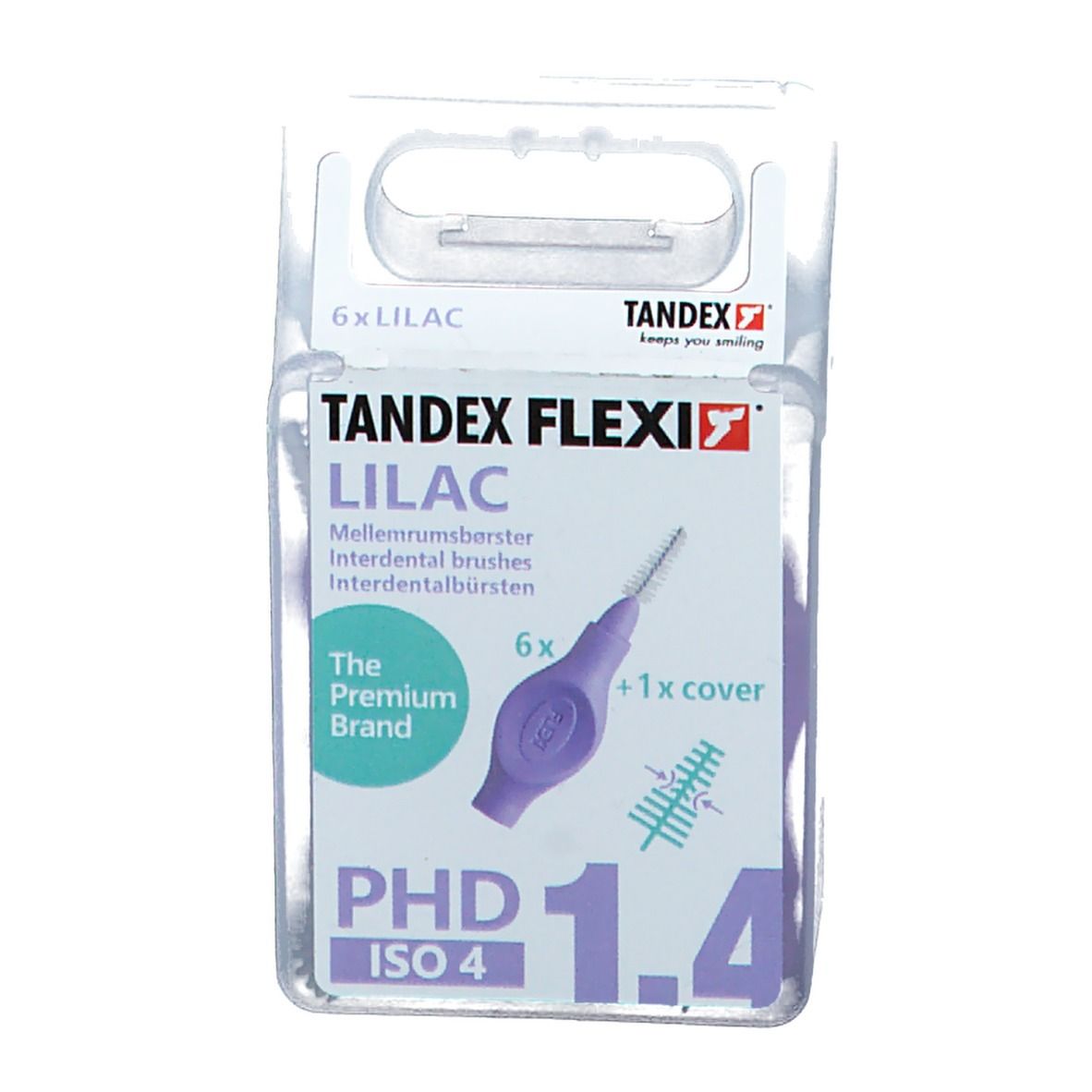 Verpackung mit lila Interdentalbürsten. Sechs Bürsten und eine Abdeckung. Marke Tandex Flexi, PHD 1.4, ISO 4.
