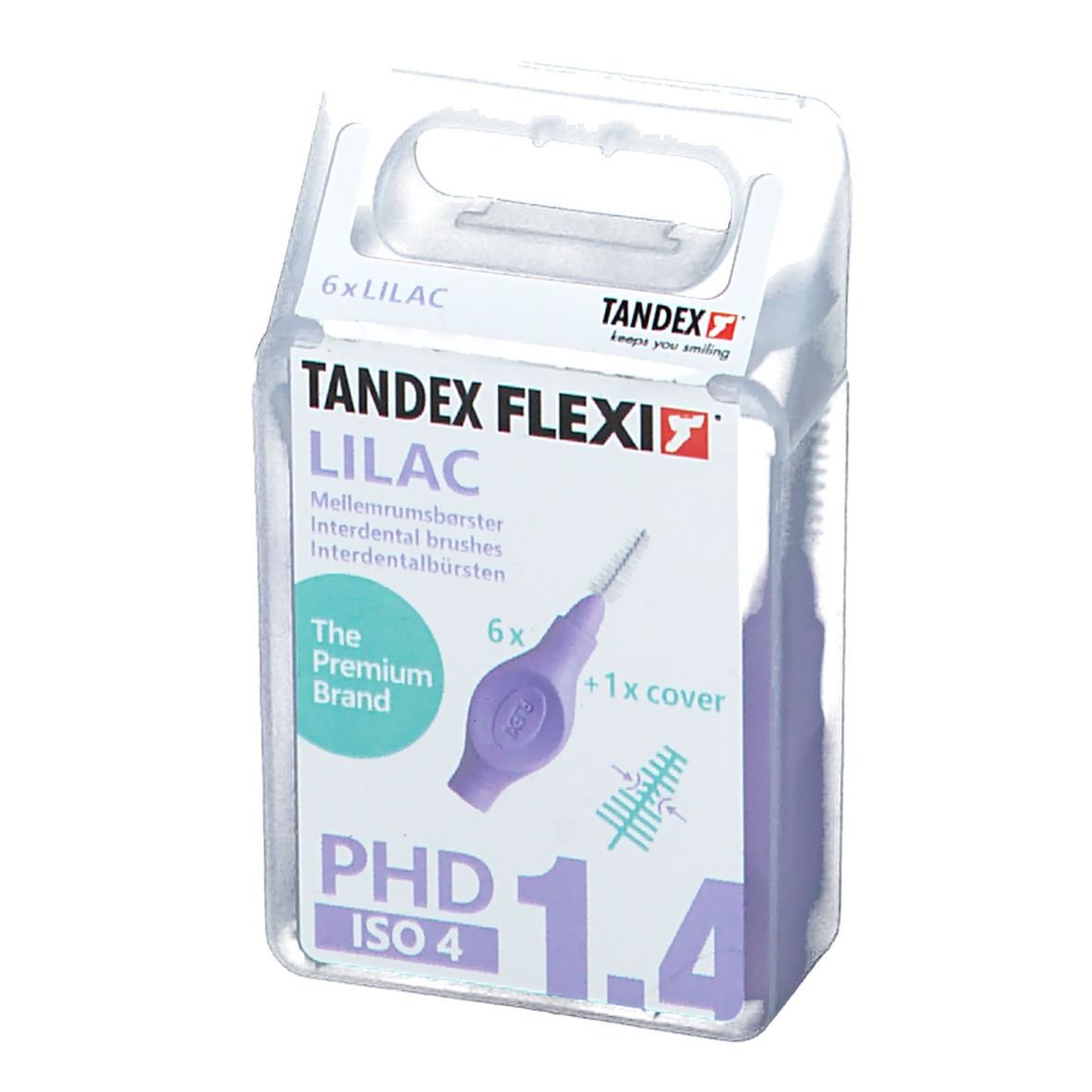 Verpackung mit lila Interdentalbürsten. Sechs Bürsten und eine Abdeckung. Marke Tandex Flexi, PHD 1.4, ISO 4.
