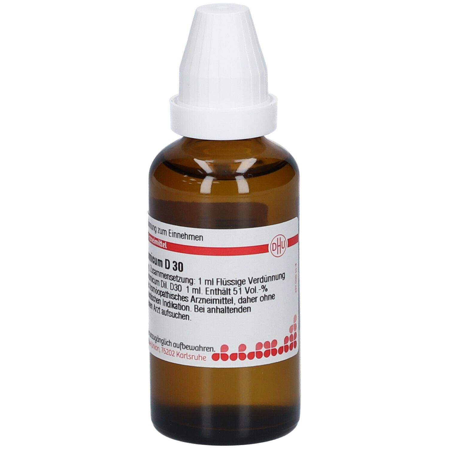 Braune Glasflasche mit weißem Verschluss. Etikett mit Produktinformationen: Kalium bichromicum D30. 50 ml Flüssige Verdünnung.