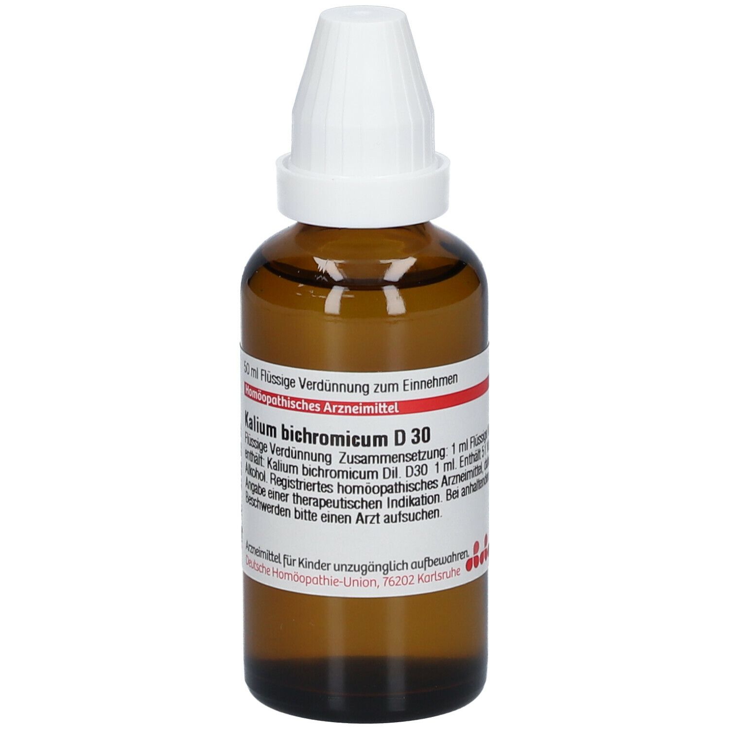 Braune Glasflasche mit weißem Verschluss. Etikett mit Produktinformationen: Kalium bichromicum D30. 50 ml Flüssige Verdünnung.