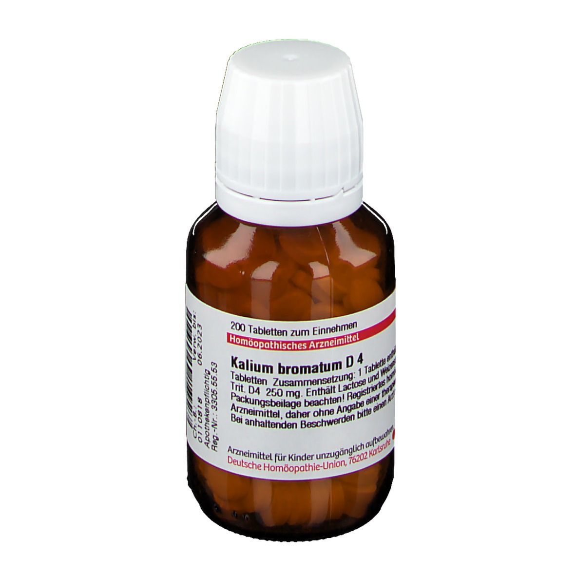 Braune Glasflasche mit weißen Deckel, gefüllt mit Tabletten. Etikett mit Text: Kalium bromatum D4, 200 Tabletten.