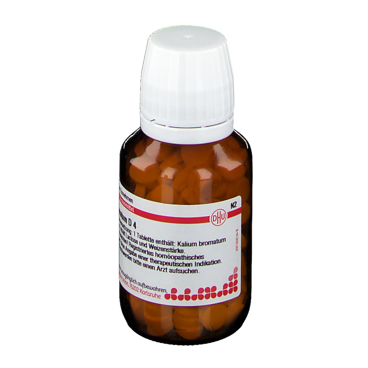 Braune Glasflasche mit weißen Deckel, gefüllt mit Tabletten. Etikett mit Text: Kalium bromatum D4.