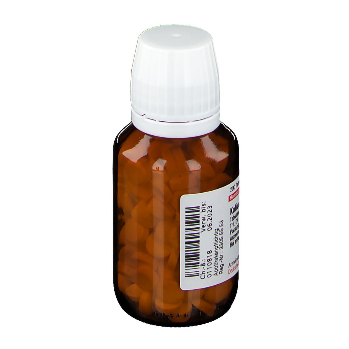 Braune Glasflasche mit weißen Deckel, gefüllt mit Tabletten. Etikett mit Text: Kalium bromatum D4.