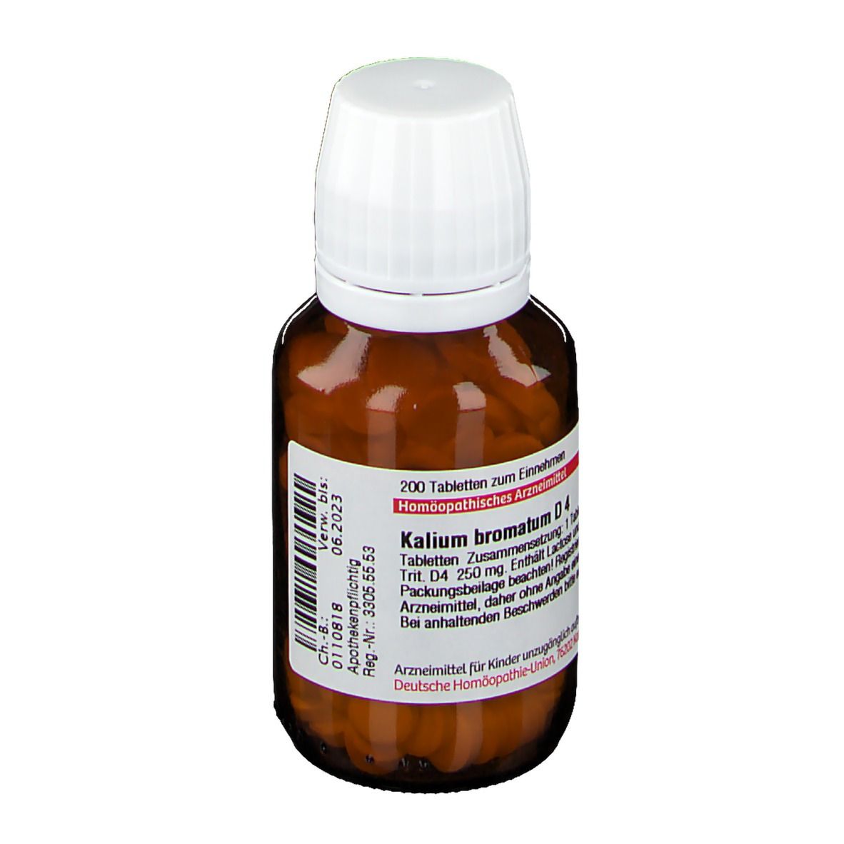 Braune Glasflasche mit weißen Deckel, gefüllt mit Tabletten. Etikett mit Text: Kalium bromatum D4, 200 Tabletten.