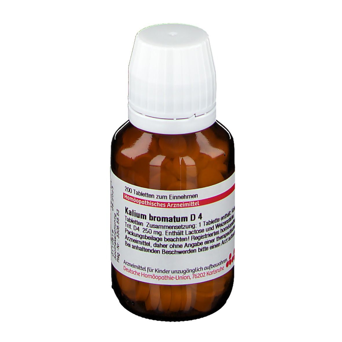 Braune Glasflasche mit weißen Deckel, gefüllt mit Tabletten. Etikett mit Text: Kalium bromatum D4, 200 Tabletten.