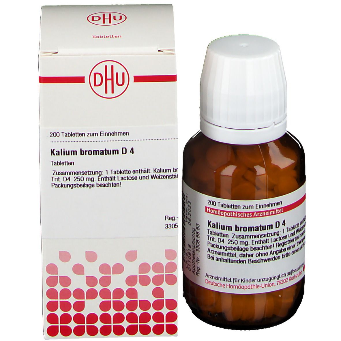 Braune Glasflasche und Schachtel. Auf der Flasche und Schachtel steht: Kalium bromatum D4, 200 Tabletten.