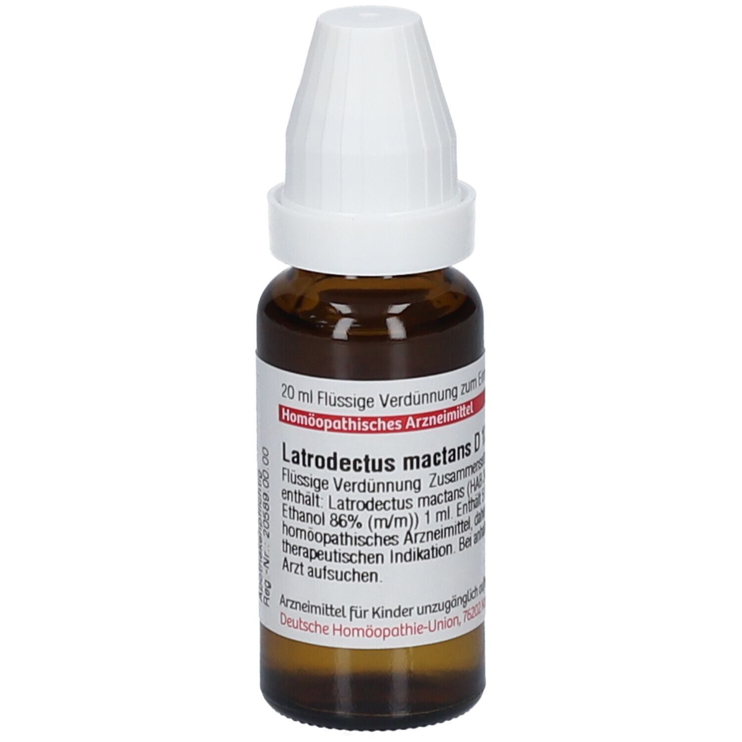 Braune Glasflasche mit weißem Verschluss. Etikett mit Produktinformationen: DHU Latrodectus mactans D12, 20 ml.