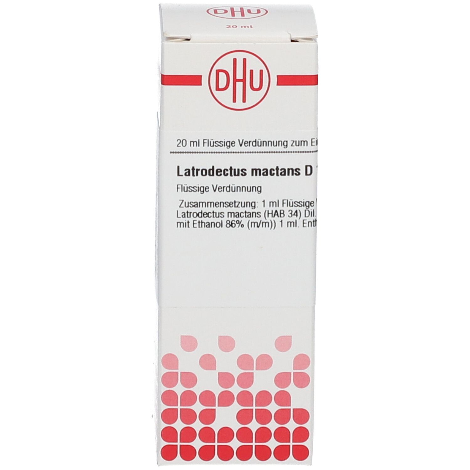 Weiße Schachtel mit DHU-Logo und Produktinformationen: Latrodectus mactans D12, 20 ml.