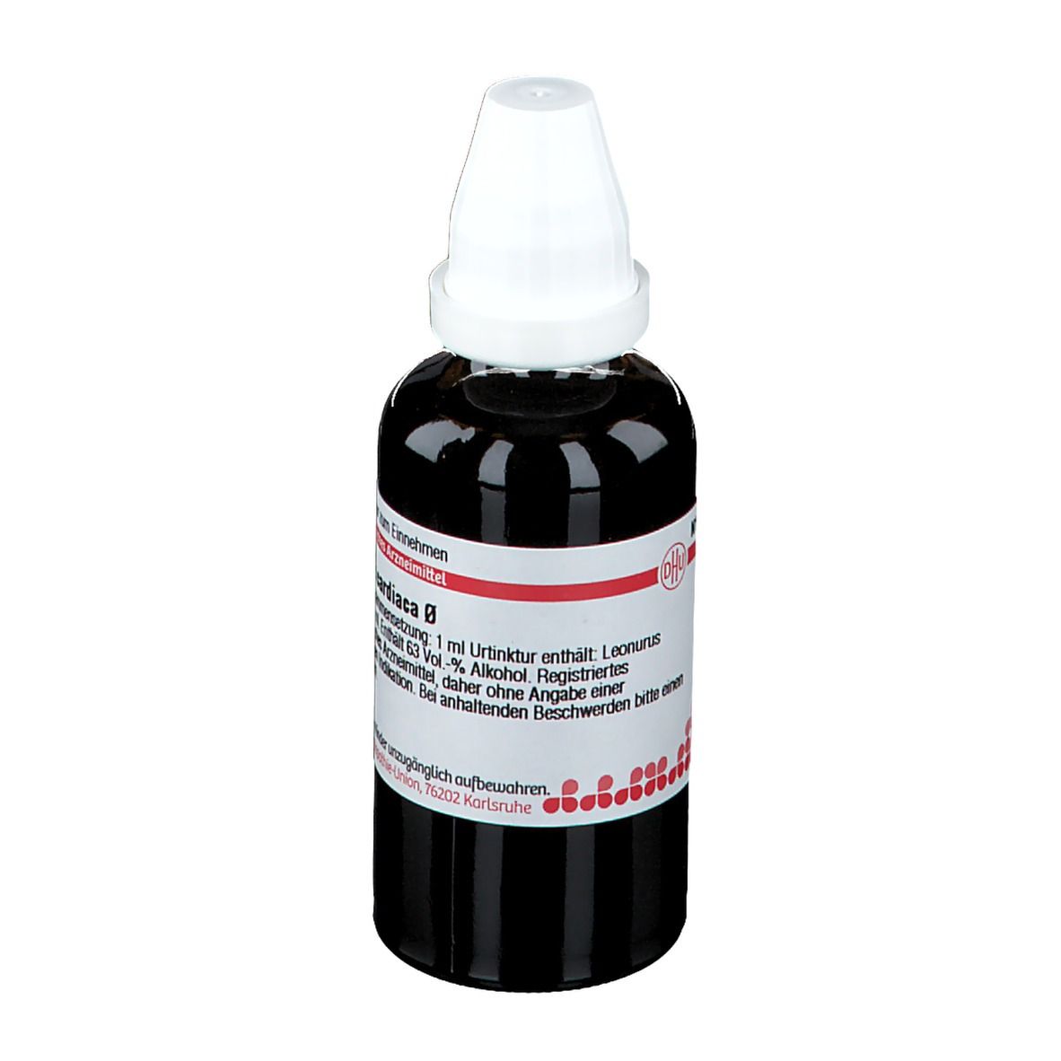 Braune Flasche mit weißem Deckel. Etikett mit Text: Leonurus cardiaca β. Homöopathisches Arzneimittel.