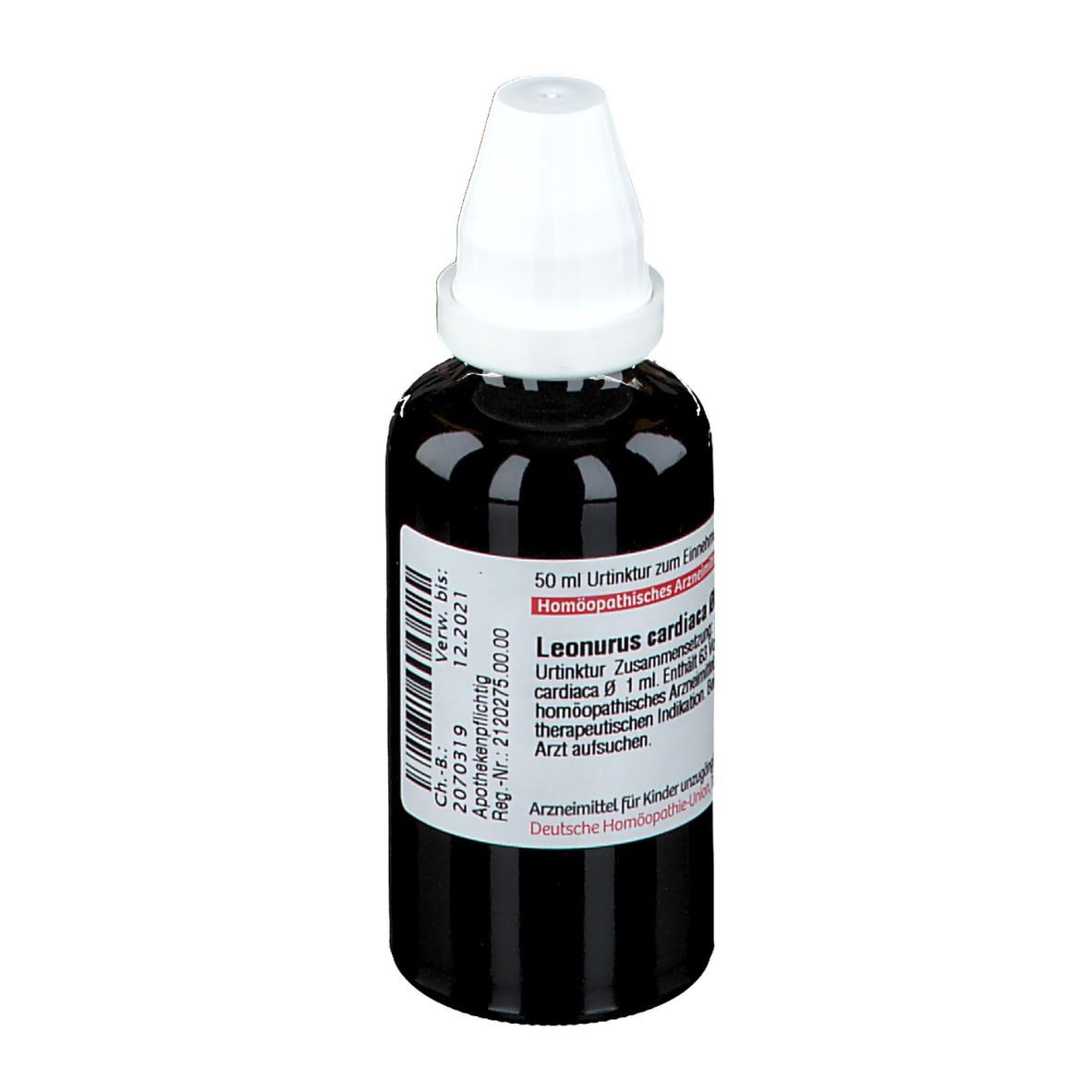 Braune Flasche mit weißem Deckel. Etikett mit Text: Leonurus cardiaca. Homöopathisches Arzneimittel.