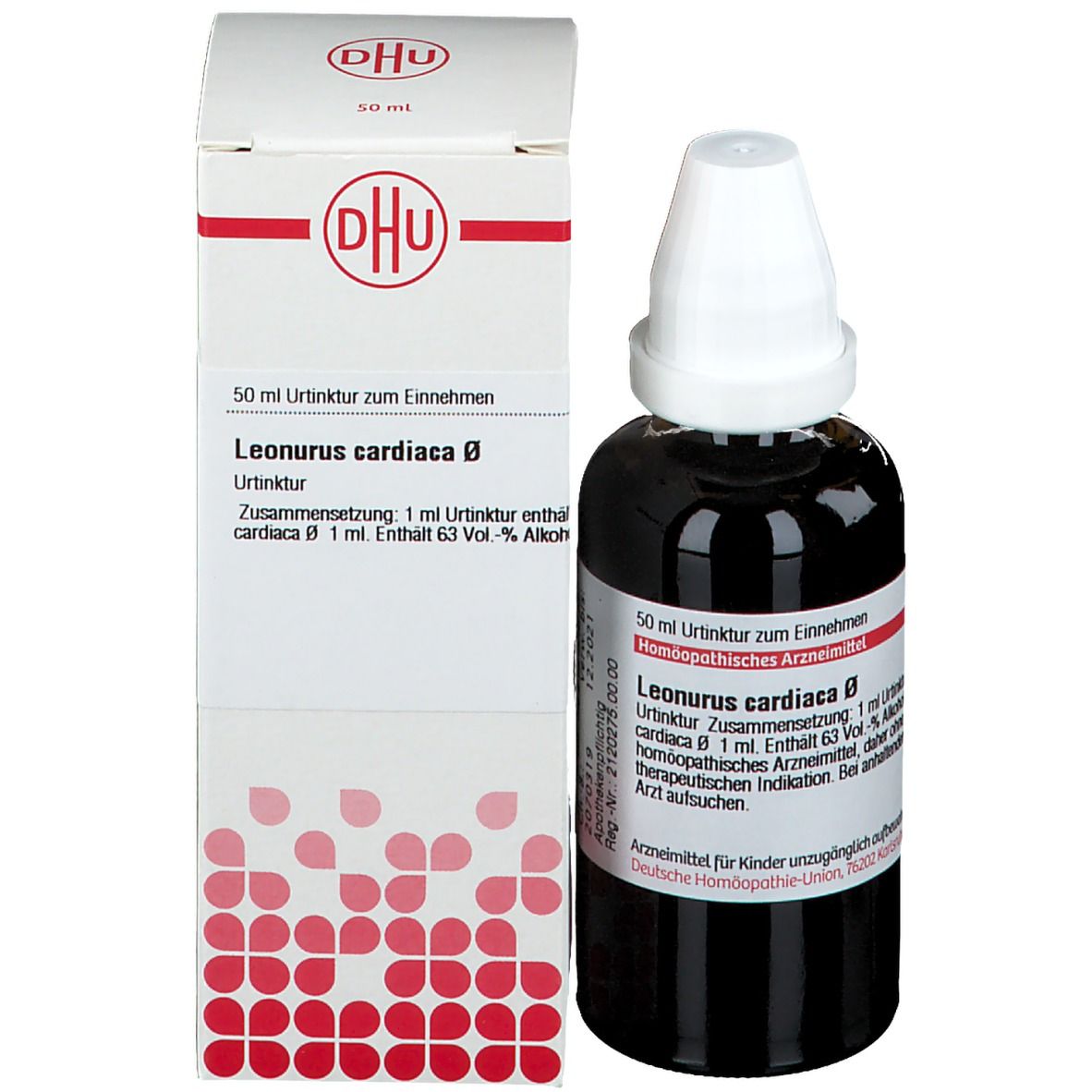 Braune Flasche mit weißem Deckel und Karton. Auf dem Karton steht DHU und Leonurus cardiaca.