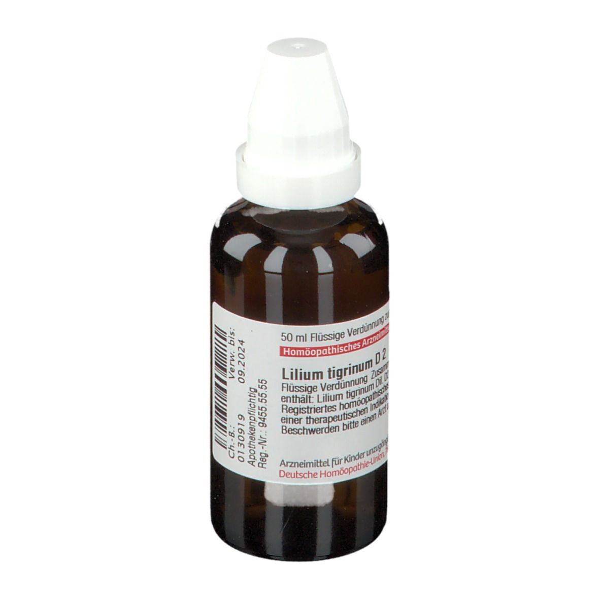 Braune Glasflasche mit weißem Verschluss. Etikett mit Verfallsdatum 09.2024. Produktinformationen: Lilium tigrinum D2, 50 ml.