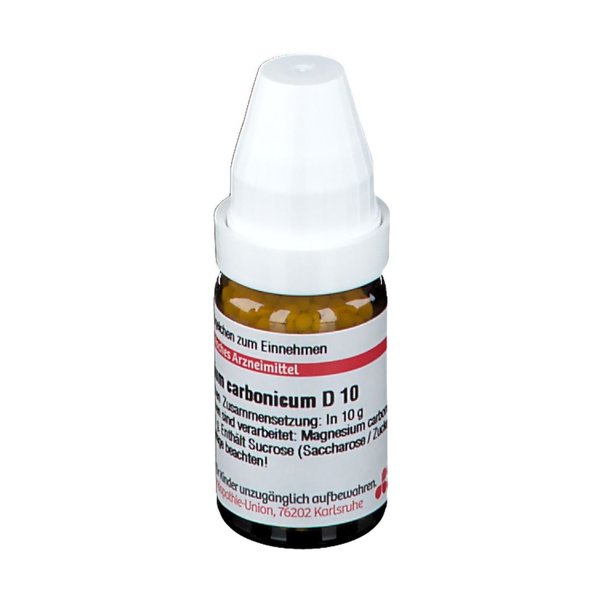 Braune Glasflasche mit weißen Deckel und Streukügelchen. Aufschrift: Magnesium carbonicum D 10.