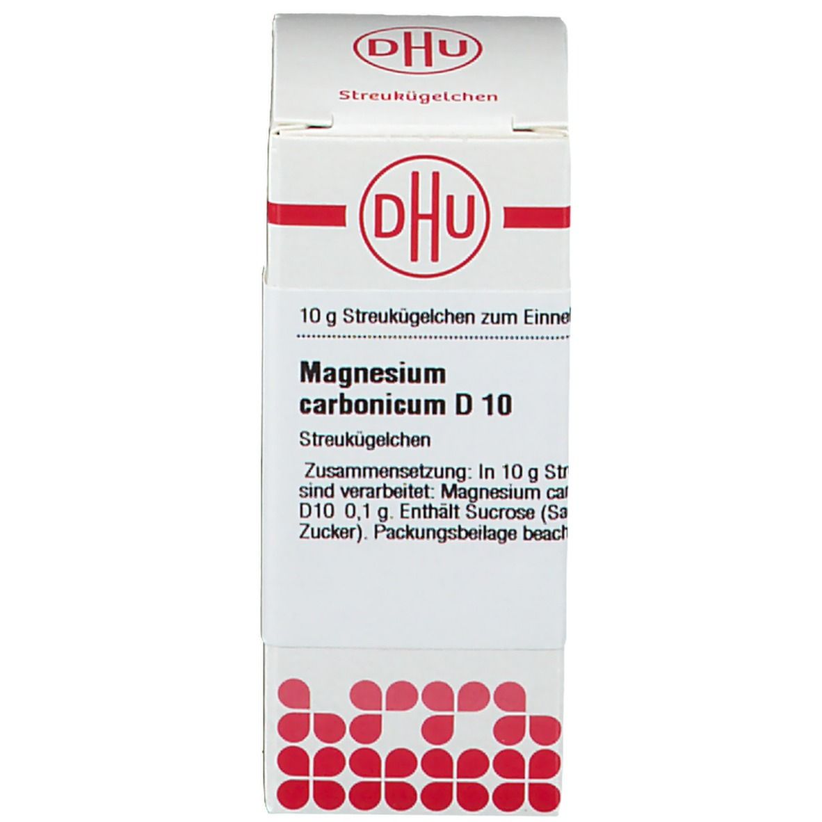 Weiße Schachtel mit roter Schrift und DHU-Logo. Aufschrift: Magnesium carbonicum D 10.