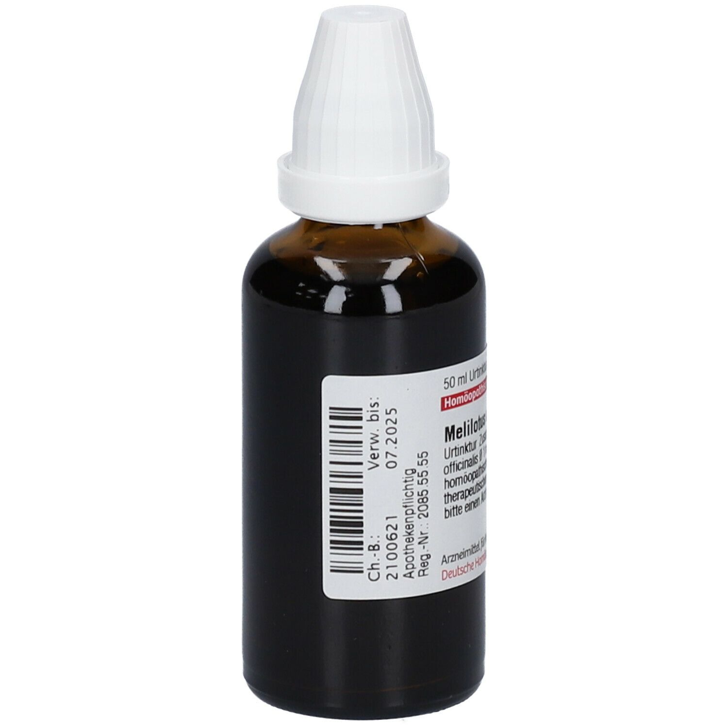 Braune Glasflasche mit weißem Verschluss. Etikett mit Barcode und Produktinformationen.