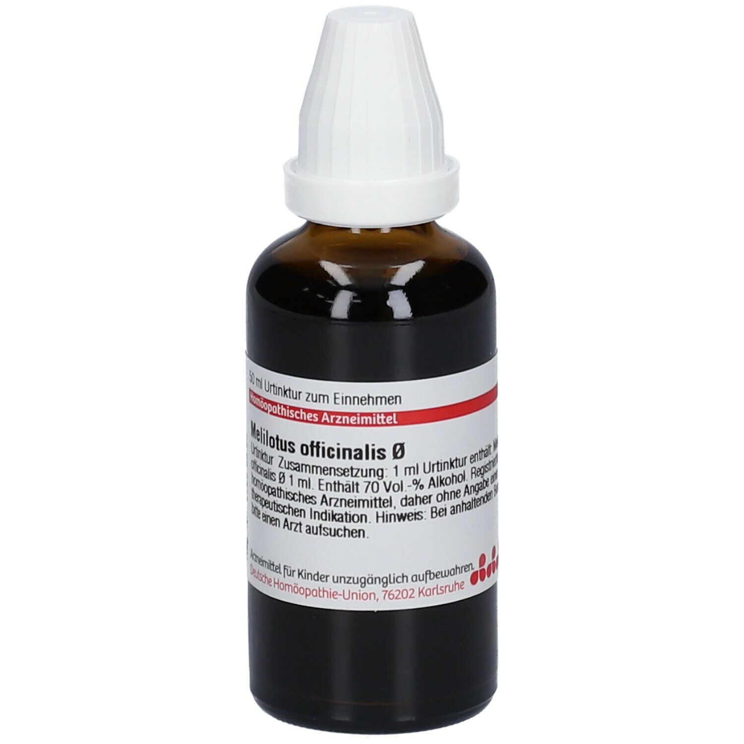Braune Glasflasche mit weißem Verschluss. Etikett mit Produktinformationen und rotem Logo.