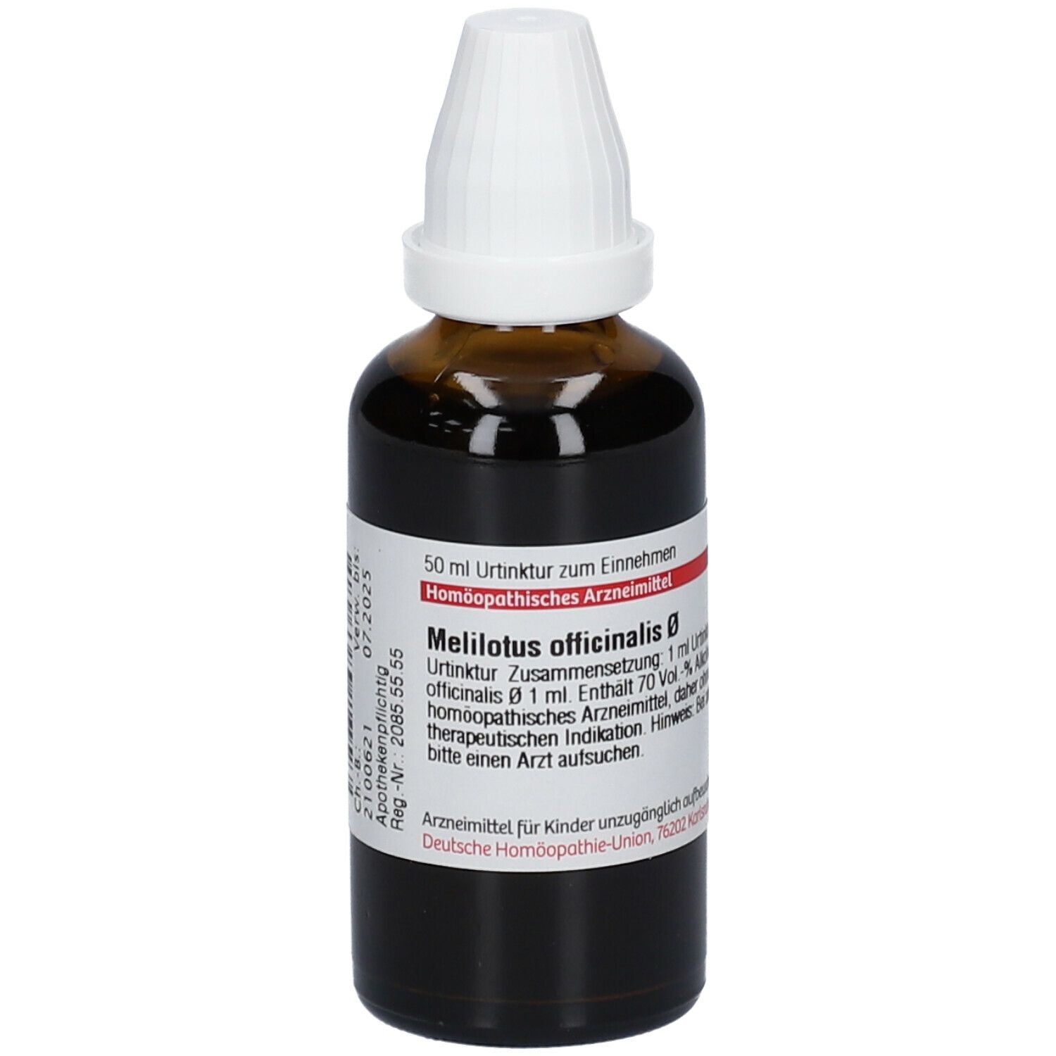 Braune Glasflasche mit weißem Verschluss. Etikett mit Produktinformationen und rotem Logo.