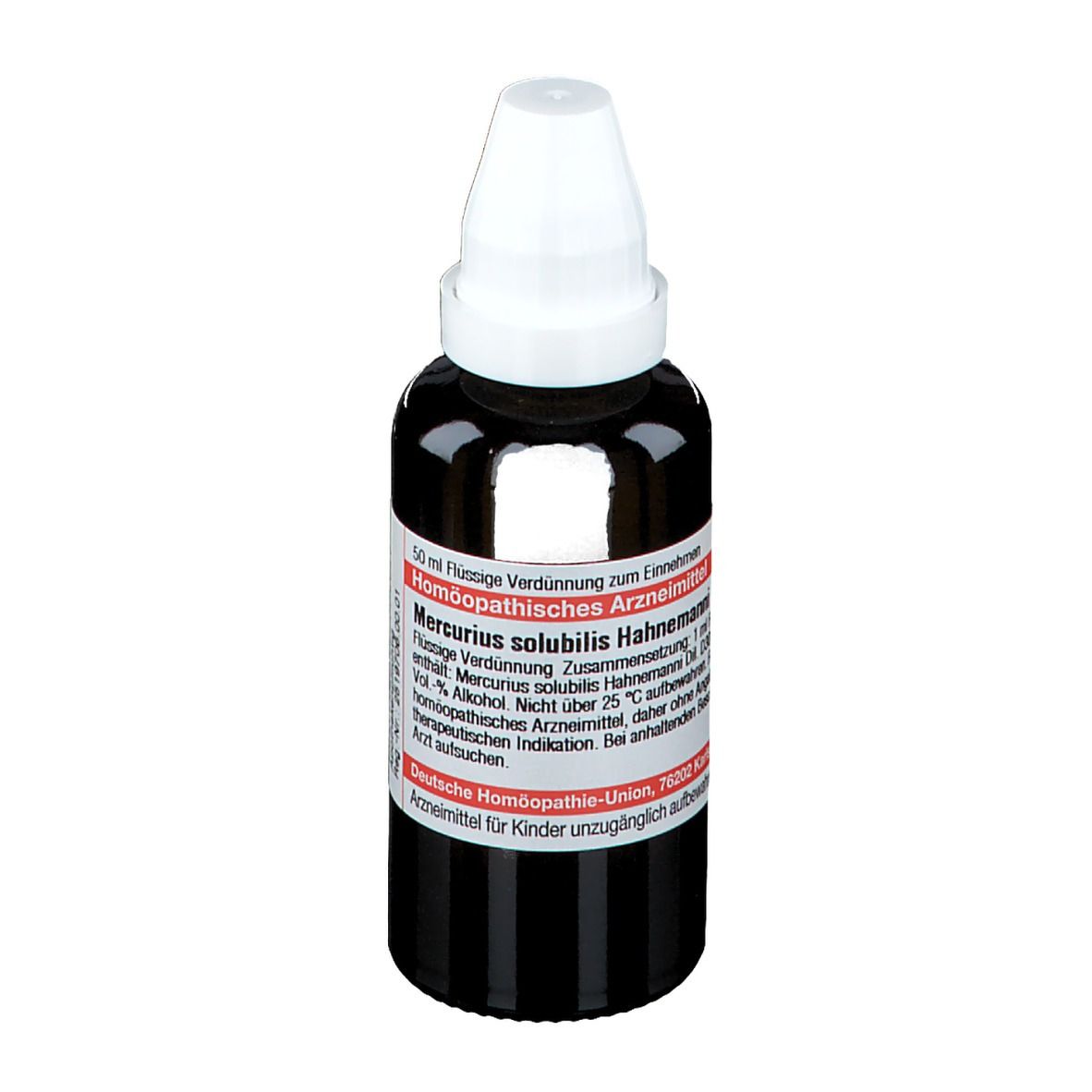 Braune Glasflasche mit weißem Verschluss. Etikett mit Produktinformationen. Deutsche Homöopathie-Union.