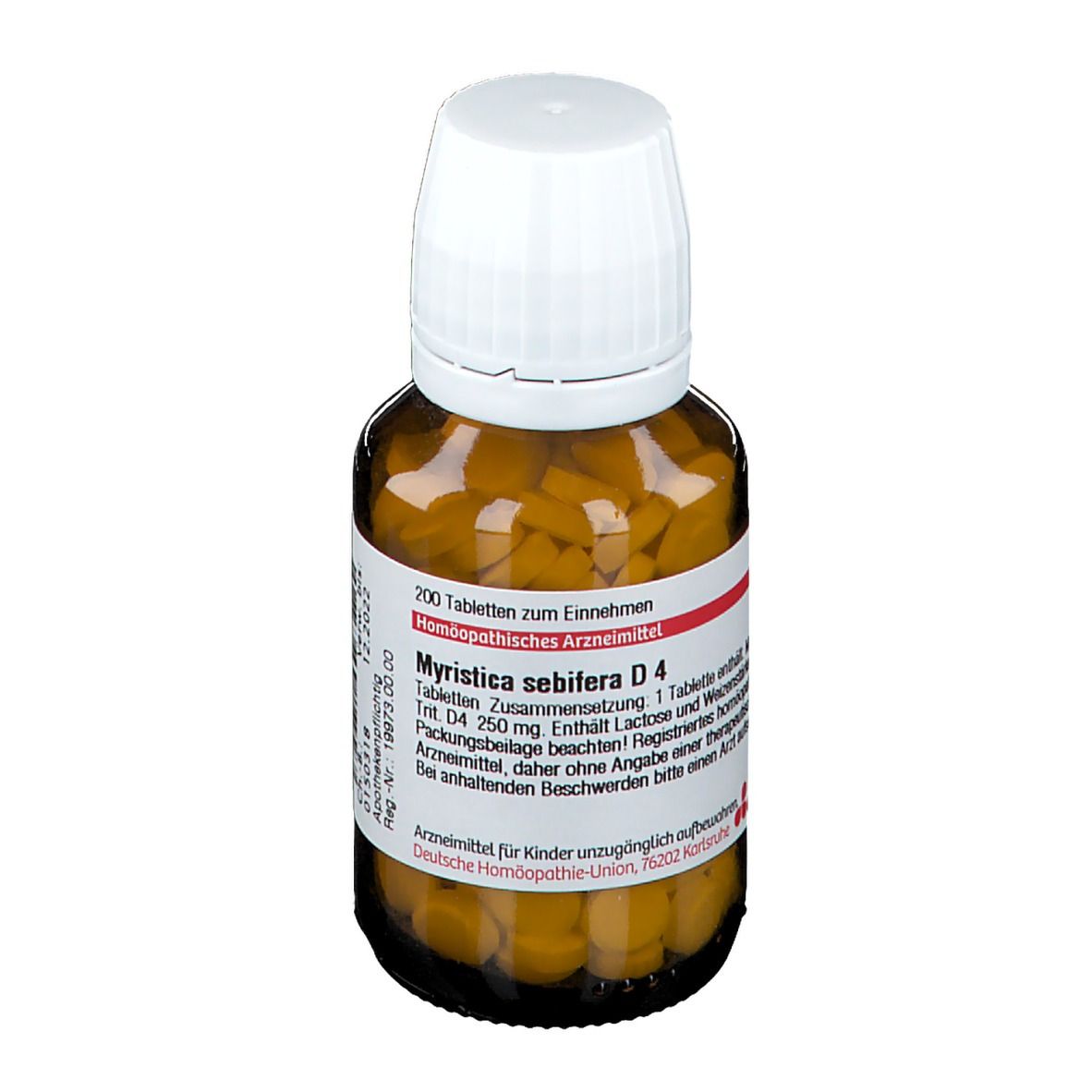 Braune Tabletten in einer braunen Glasflasche mit weißem Deckel. Aufschrift: Myristica sebifera D4.