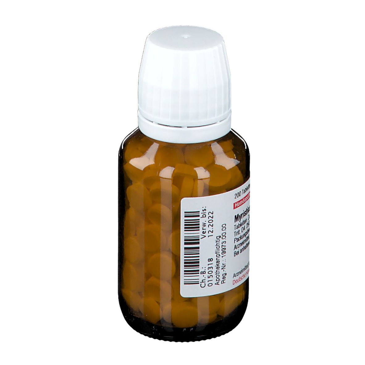 Braune Tabletten in einer braunen Glasflasche mit weißem Deckel. Aufschrift: Myristica sebifera D4.