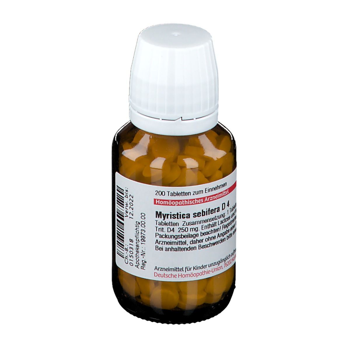Braune Tabletten in einer braunen Glasflasche mit weißem Deckel. Aufschrift: Myristica sebifera D4.