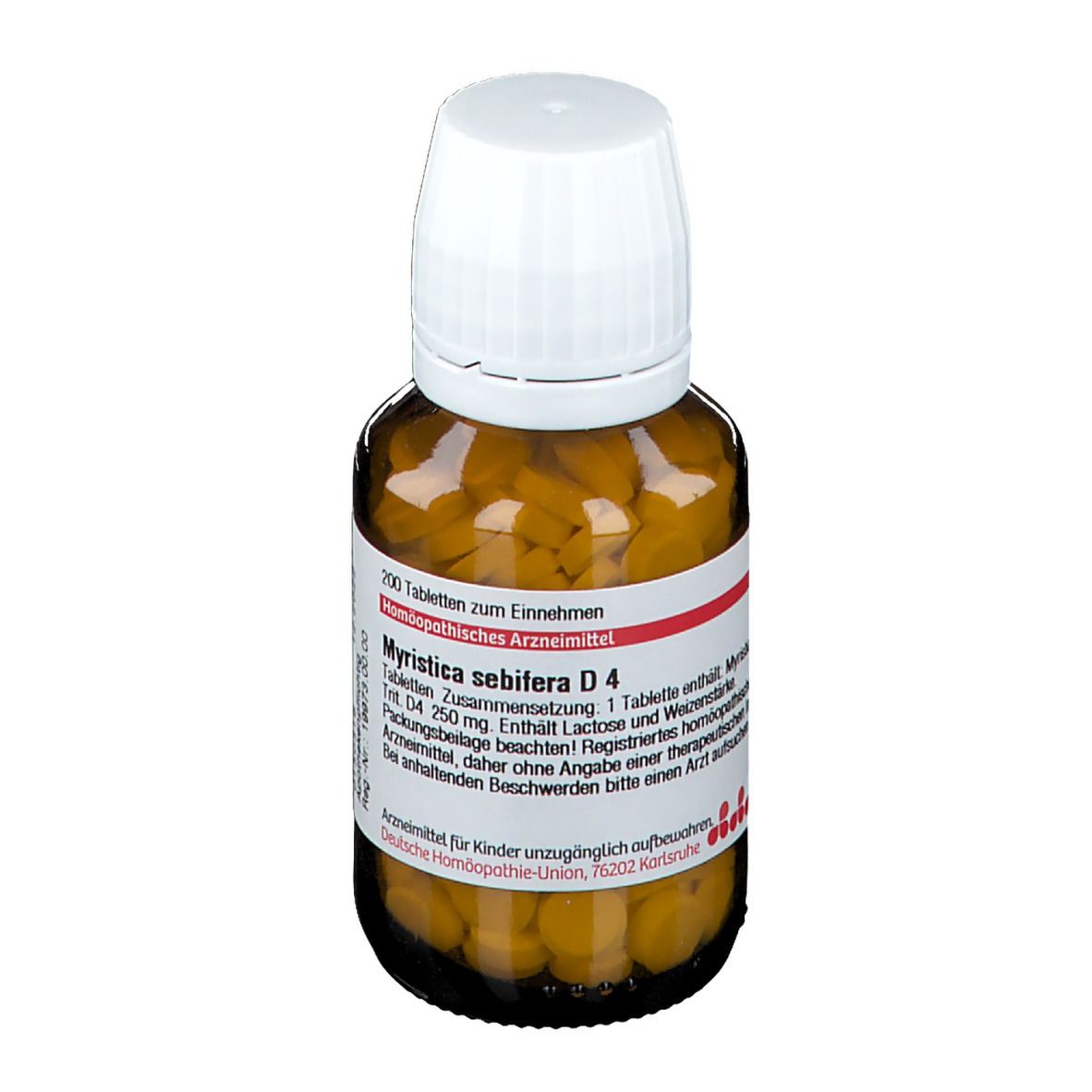 Braune Tabletten in einer braunen Glasflasche mit weißem Deckel. Aufschrift: Myristica sebifera D4.