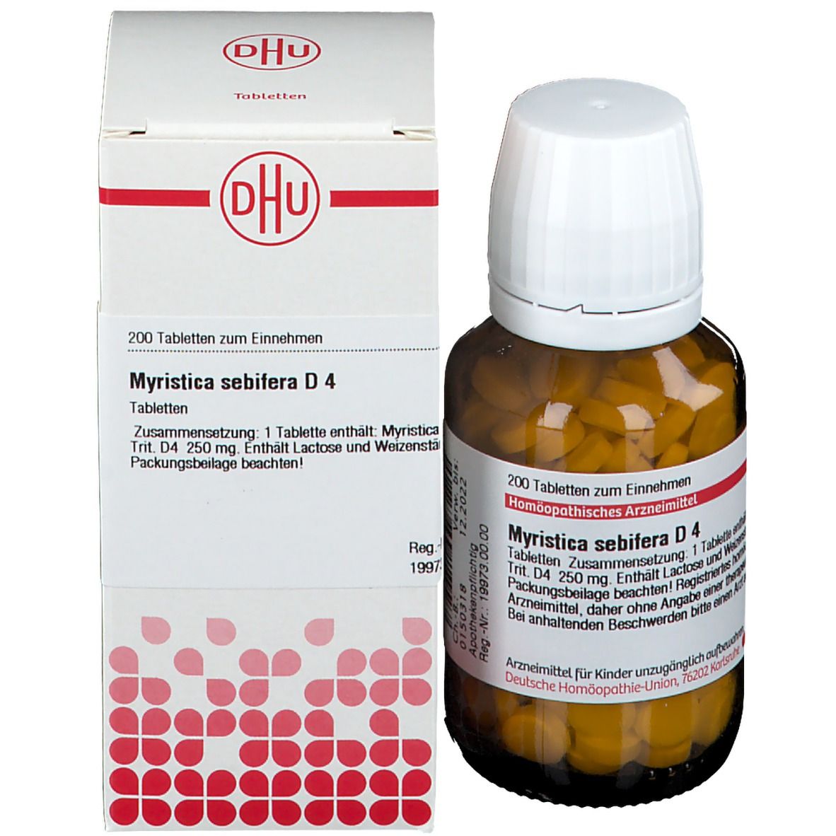 Braune Tabletten in einer braunen Glasflasche und Kartonverpackung. Aufschrift: DHU, Myristica sebifera D4.