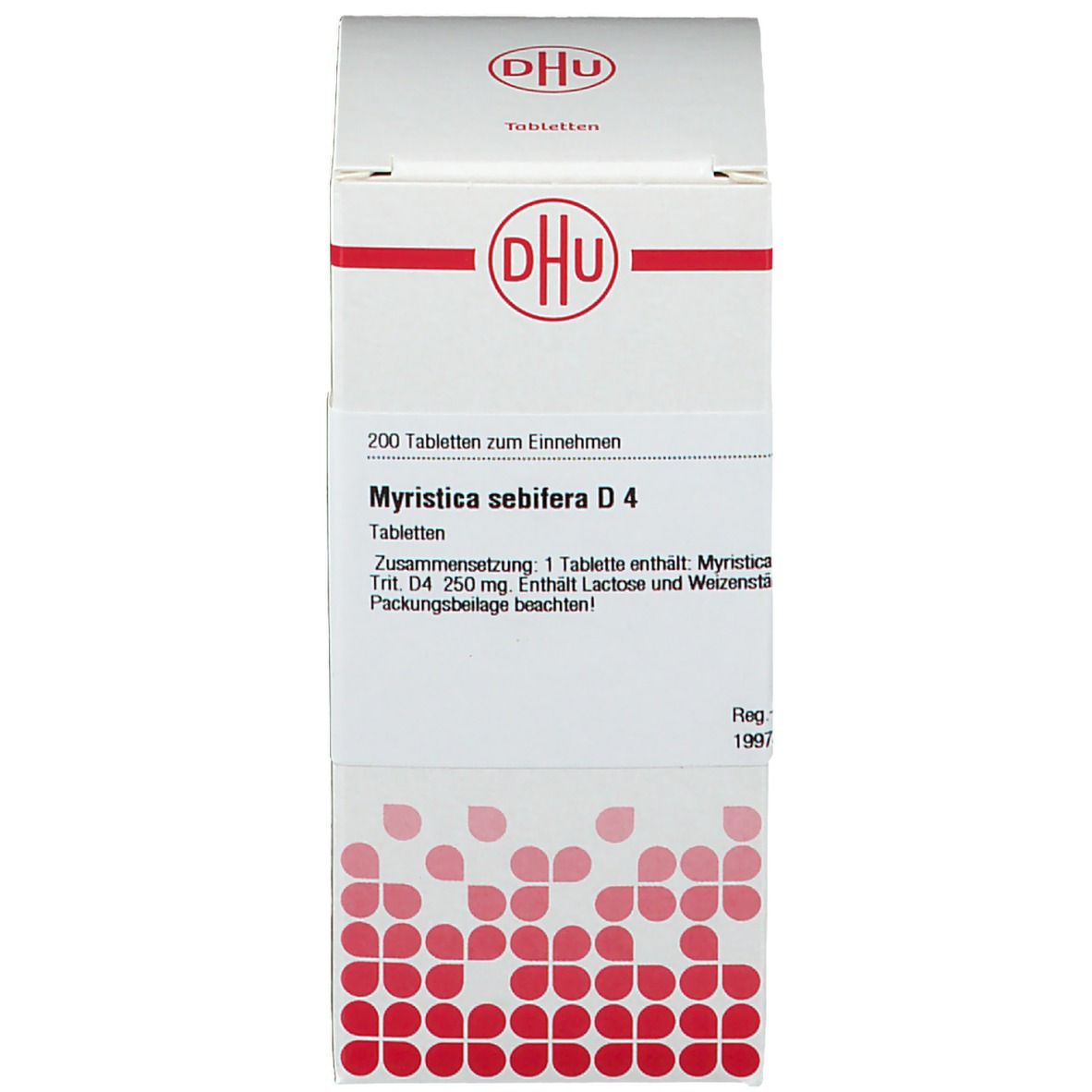 Kartonverpackung mit Aufschrift: DHU, Myristica sebifera D4. Enthält 200 Tabletten.