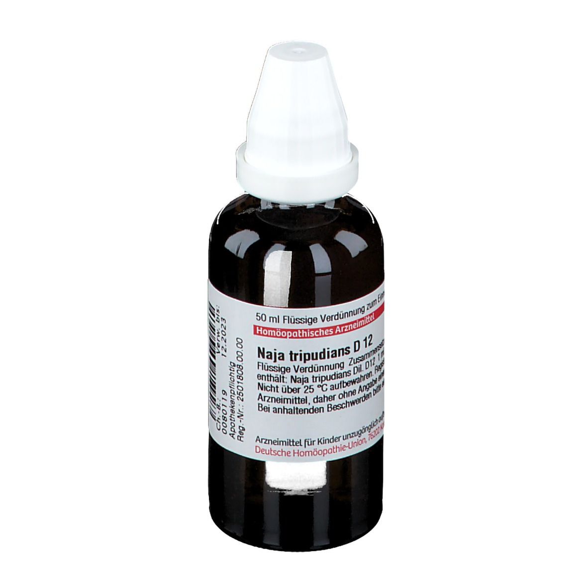 Braune Glasflasche mit weißem Verschluss. Etikett mit Produktinformationen. Aufschrift: Naja tripudians D 12.