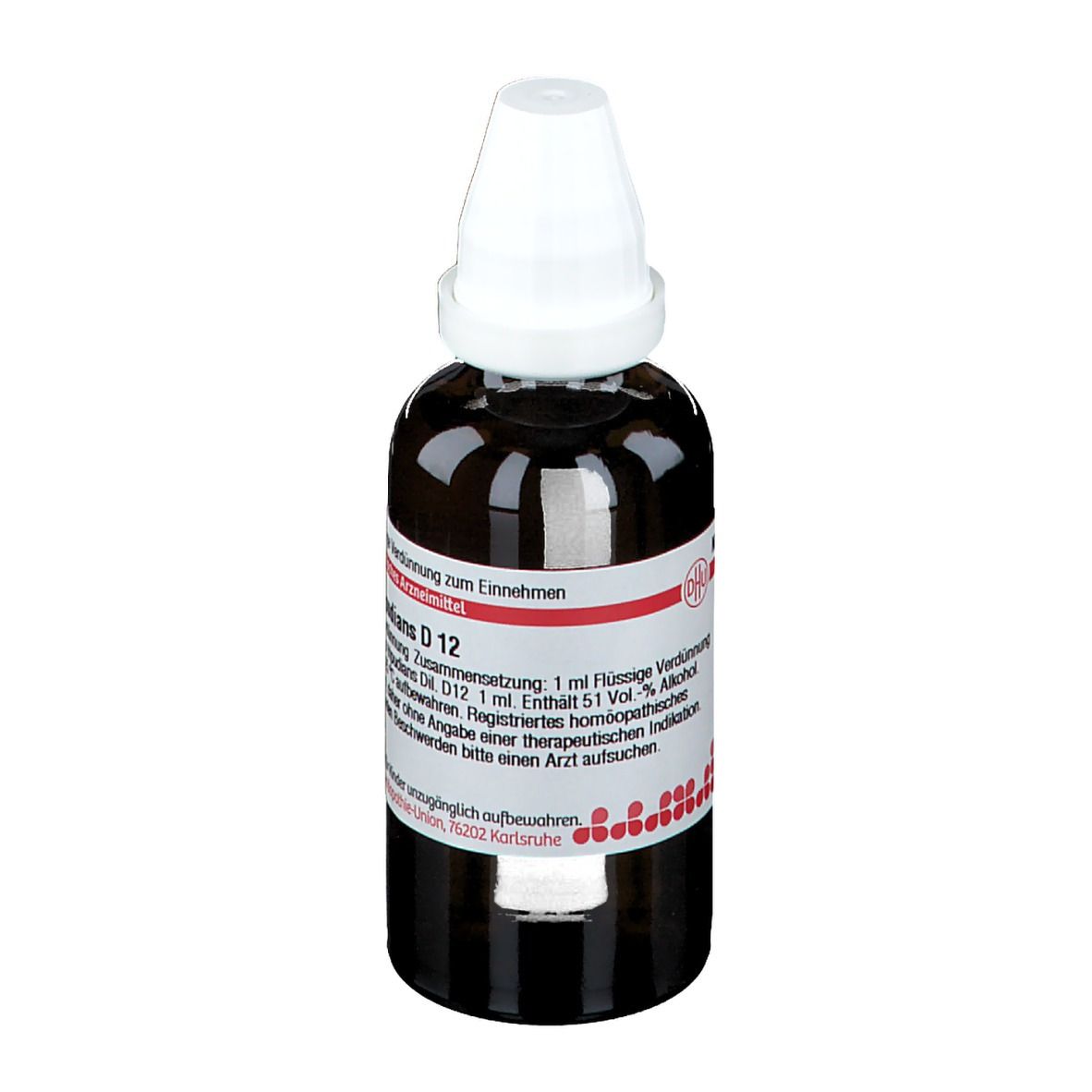 Braune Glasflasche mit weißem Verschluss. Etikett mit Produktinformationen. Aufschrift: Naja tripudians D 12.