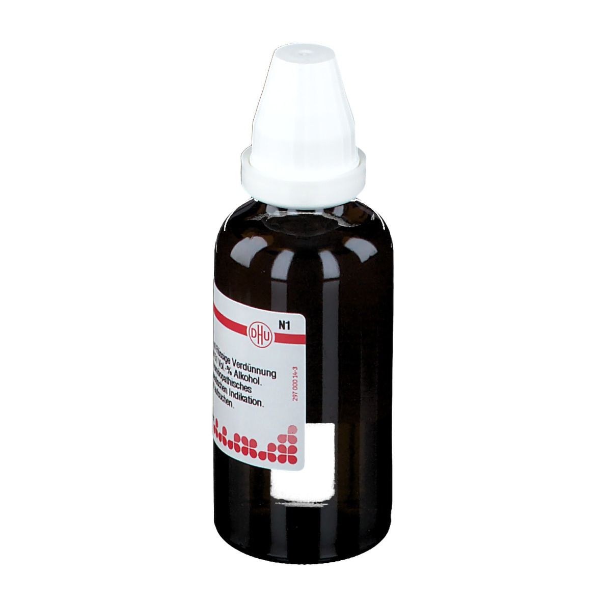 Braune Glasflasche mit weißem Verschluss. Etikett mit Produktinformationen. Aufschrift: N1.