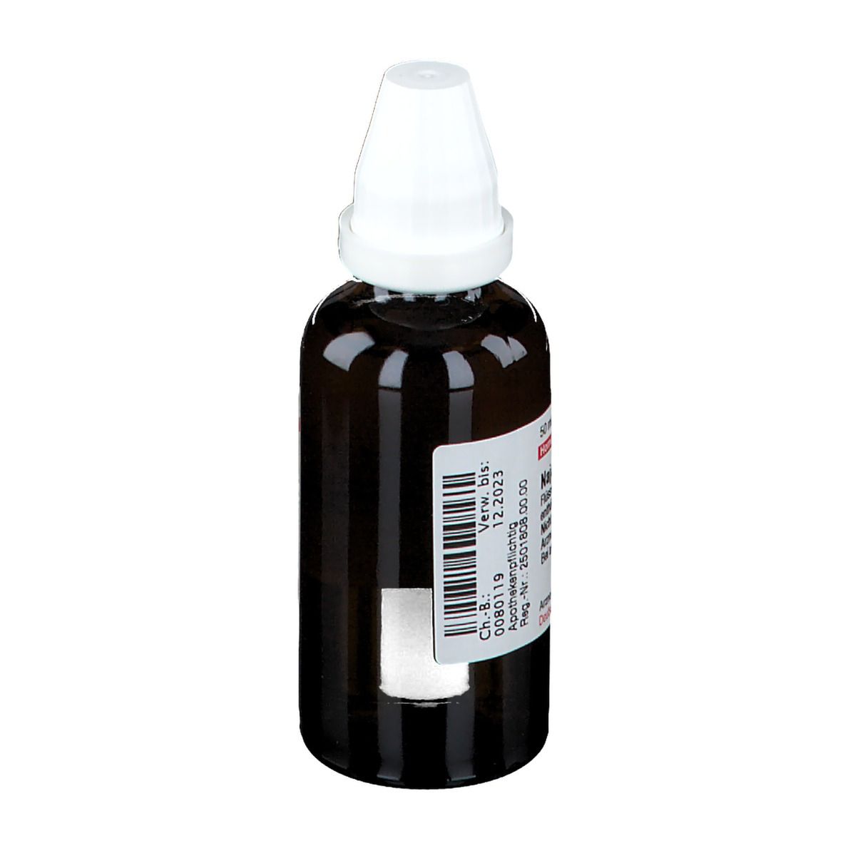 Braune Glasflasche mit weißem Verschluss. Etikett mit Produktinformationen. Aufschrift: Ch.-B.