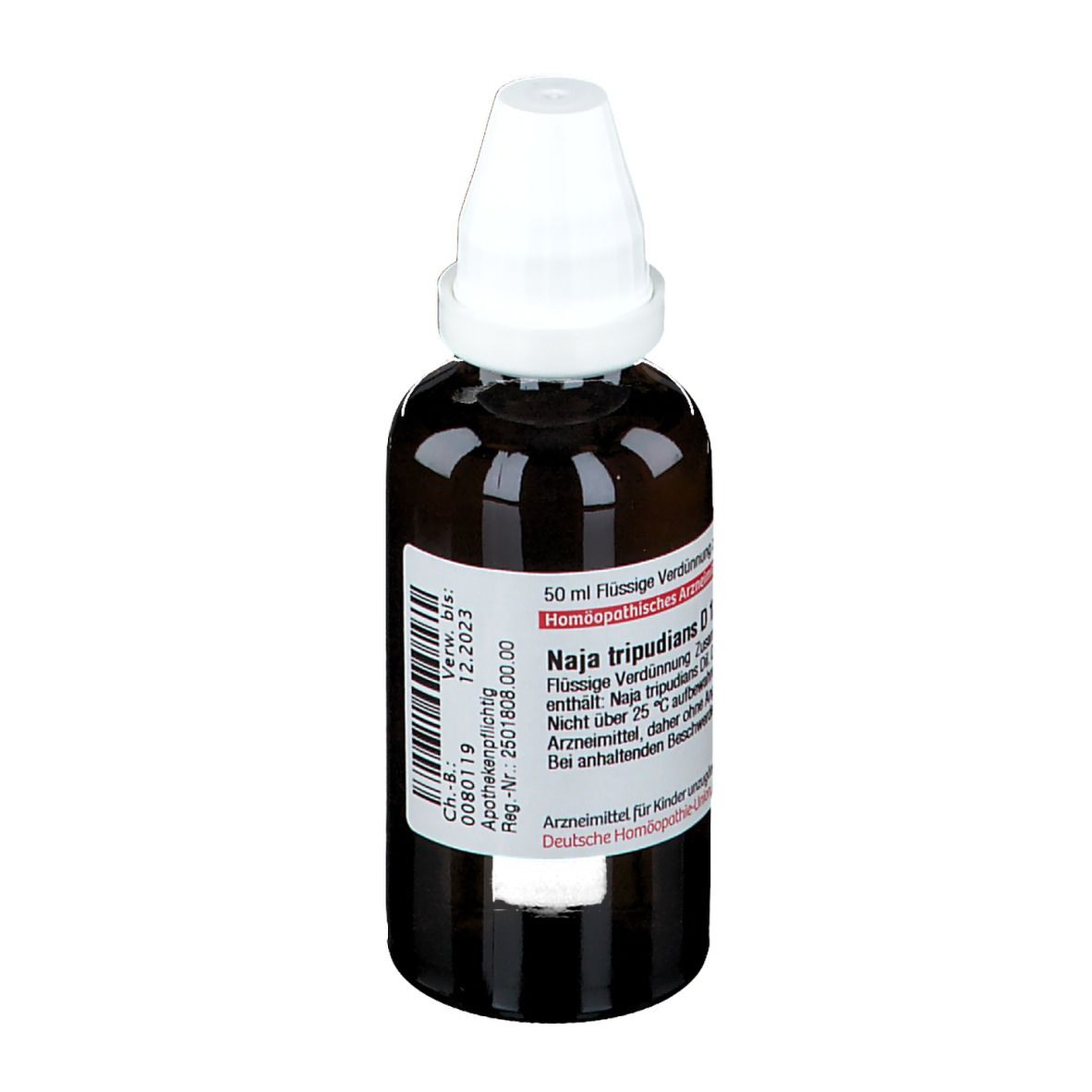 Braune Glasflasche mit weißem Verschluss. Etikett mit Produktinformationen. Aufschrift: Naja tripudians D 12.