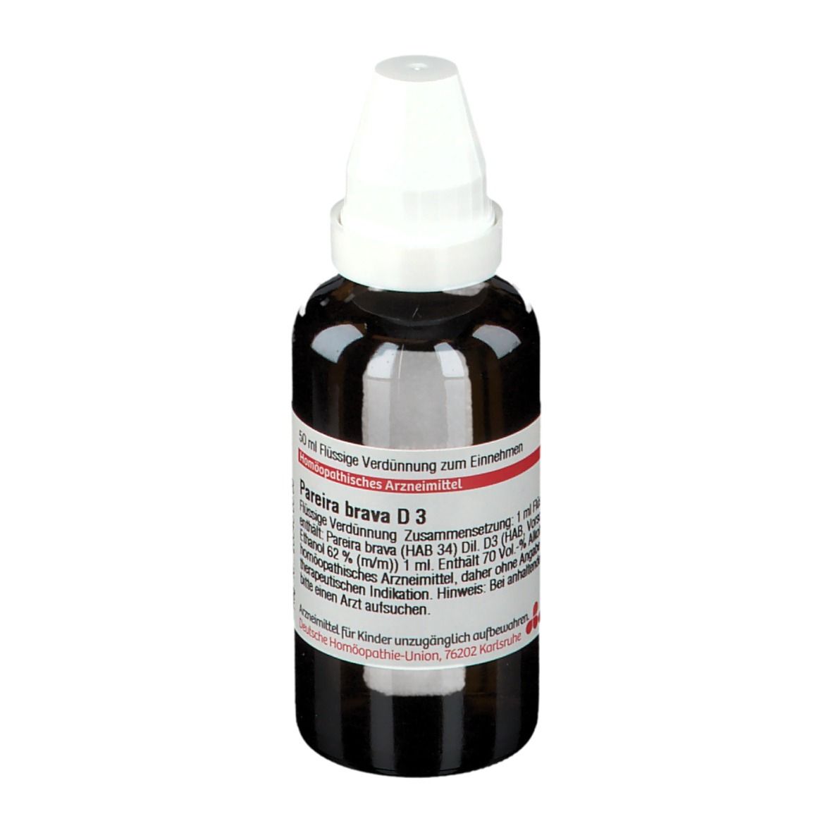 Braune Glasflasche mit weißem Verschluss. Aufschrift: Pareira brava D3. Rote und weiße Etiketten mit Text.