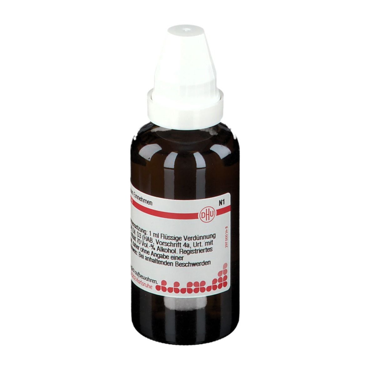 Braune Glasflasche mit weißem Verschluss. Aufschrift: DHU. Rotes und weißes Etikett mit Text und rotem Punktmuster.
